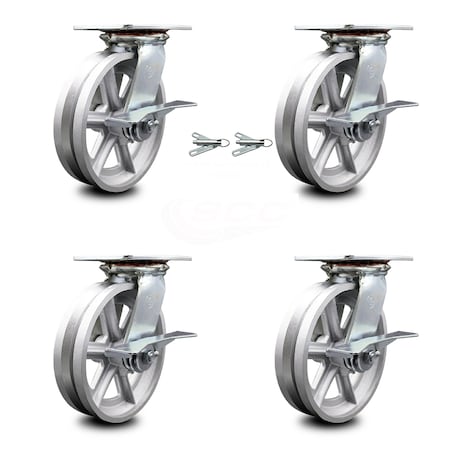 Service Caster 8 Inch V Groove Semi Steel Caster Set with Roller Bearing 4 Brake 2 Swivel Lock SCC-35S820-VGR-SLB-BSL-2-SLB-2